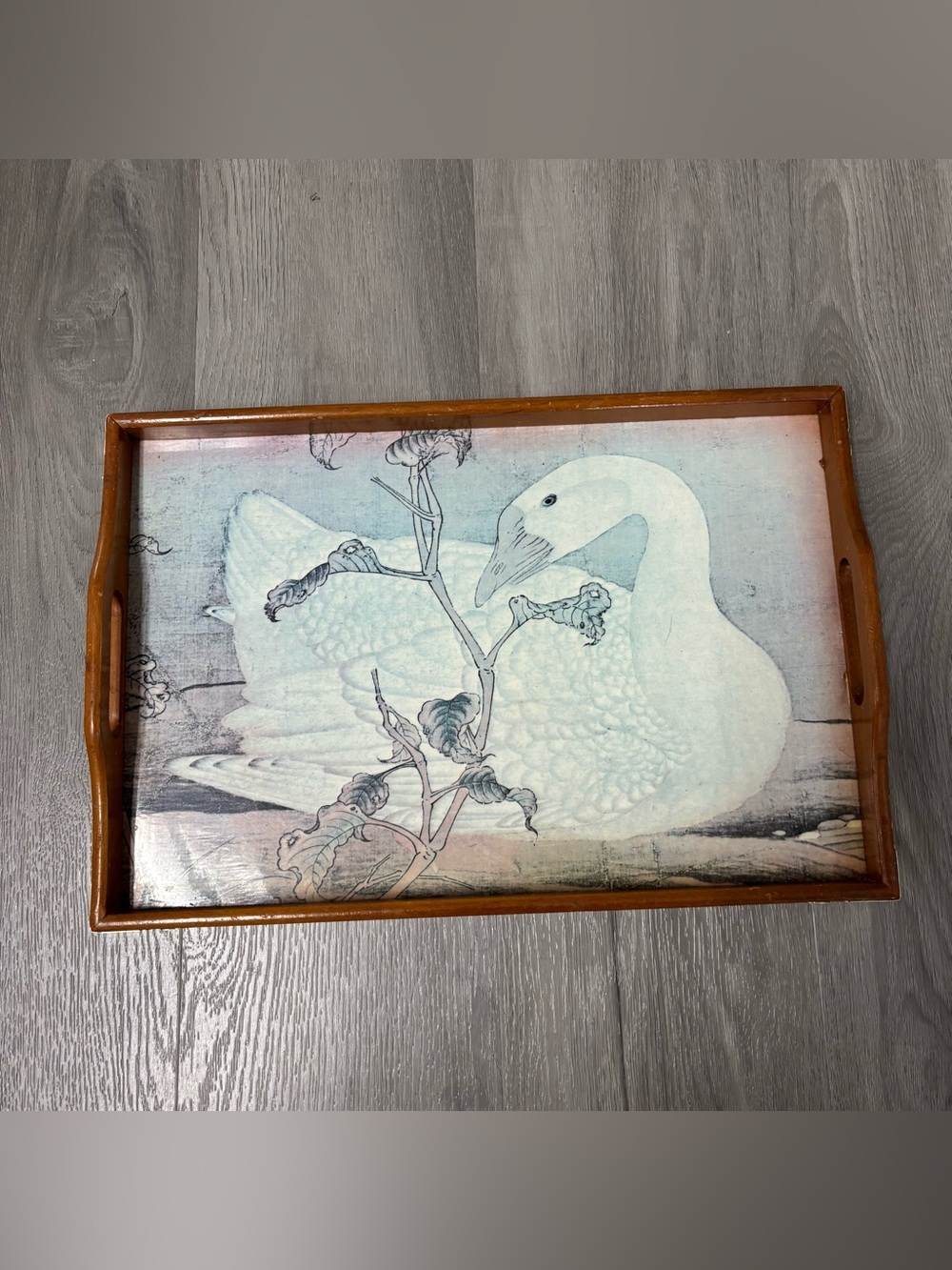 Vintage Cottage Core Farmhouse Wooden Swan Food Tray with Brass Handle Corners